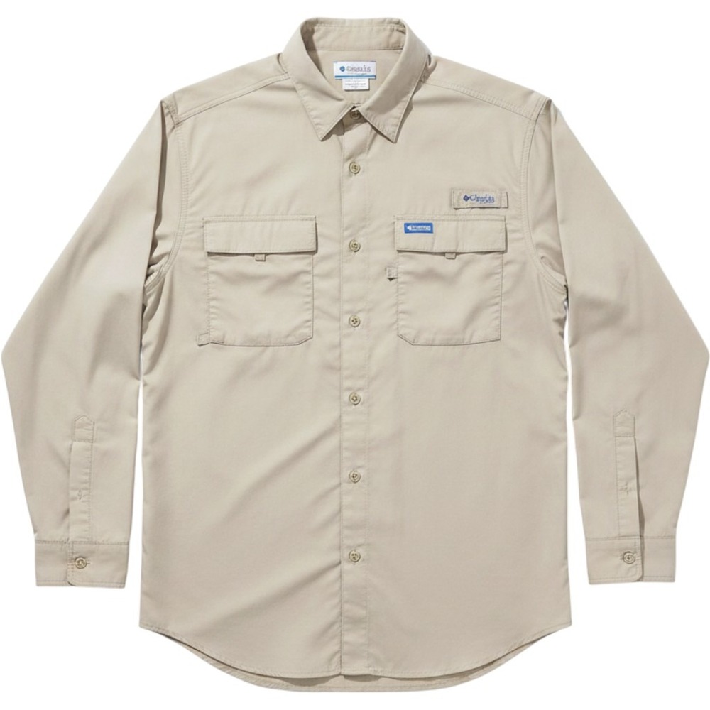 Columbia PFG Bahama II Long Sleeve Fishing Shirt Tan Khaki Mens Large UPF 30